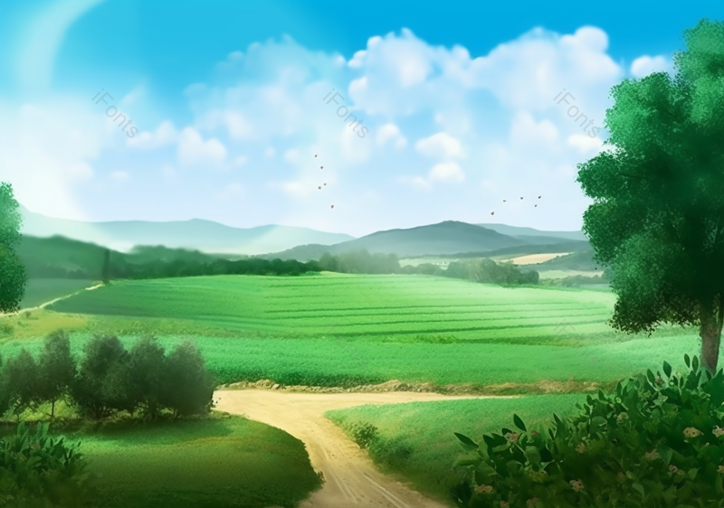 绿树农田绿油油麦田远处高山手绘风景画,插画/手绘图,插画/手绘图库,插画/手绘图下载,插画/手绘
